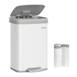 SONGMICS Kitchen Bin, 13 Gallon (50 L) Rubbish Bin, Metal Waste Pedal Bin with Lid, Tall and Large, White and Dove Grey LTB530W03