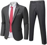 MrSure Men's 2 Piece Slim Fit Suit with Stretch Fabric, One Button Solid Jacket Pants & Tie Set, Deep Grey, Medium