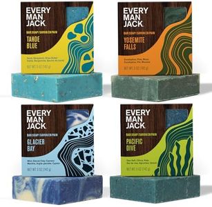 Every Man Jack Cold Processed Mens Bar Soap Variety Pack - Deeply Cleans & Hydrates w/Naturally Derived Ingredients - Pacific Dive, Glacier Bay, Tahoe Blue, Yosemite Falls, Variety Pack (4 Pack)