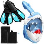 Moukeren 2 Pcs Full Face Snorkel Mask for Kids with Adjustable Dive Fins 180 Degree Panoramic View Shark Snorkeling Mask for Kids Snorkeling Gear Diving Fins Flippers for Children Boys Girls(Blue)