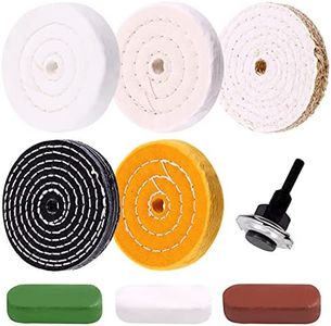 Tanstic 9Pcs 4'' Buffing Polishing Wheels Set Soft(30Ply)/ Fine(50Ply)/ Medium(38Ply)/ Coarse 1/2" Thick with 1/2" Arbor Hole with 1/4" Shank and 3Pcs Polishing Compounds for Bench Grinder or Drill