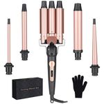 5 In 1 Curling Wand Set-Hair Waver Curling Iron 3 Barrel Triple Crimper Tool Beach Waves with 3/4-1 1/4 inch 5 Interchangeable Barrels Hair Curler for Women Hairstyles(Rose Gold)