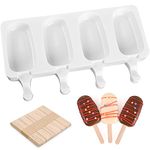 SAKOLLA Popsicle Silicone Mold, 4 Cavities Ice Pop Molds, Ice Cream Mold Oval Cake Molds with 50 Wooden Sticks