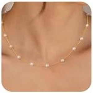 Sewyer Dainty Gold Pearl Necklace for Women 14K Gold Plated Minimalist Pearl Chain Necklace Classic Tiny Pearl Beaded Necklace Delicate Everyday Jewelry Gift