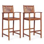 COSTWAY Patio Bar Stools Set of 2, Outdoor Acacia Wood Bar Chairs with Sunflower Backrest, Curved Armrests & Breathable Seat, Ideal for Balcony, Sunroom, Patio, Easy Assembly (1)
