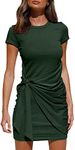 isermeo Women's Short Sleeve Bodycon Plain Maxi Dresses Casua Ruched Tie Waistl Short Mini Dresses Green-L