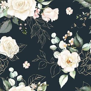 BaoHArtHome Floral Wallpaper Paper Peel and Stick Black Contact Paper Removable Gold Leaf Easy Peel Off Vinyl Wallpaper Self Adhesive for Bedroom Living Cabinet Room 17.7in x 32.8ft