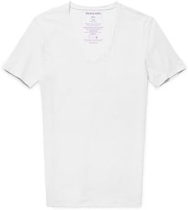 Tommy John Men's Cool Cotton Deep V-Neck Shirt, Stay Tuck Design, Soft Stretch Fabric Cotton, Comfortable Fit Premium Men's T-Shirt, Short Sleeve Undershirts for Men, White, Small