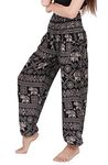 BANJAMATH Women's Smocked Waist Harem Hippie Trousers Boho Yoga Bohemian Pants (M,Elephant Black)