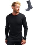 Merino Wool Base Layer - Mens 100% Merino Wool Long Sleeve Thermal Shirts Lightweight, Midweight, Heavyweight + Merino Socks (Medium, Charcoal Gray 250)