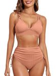 Aleumdr Women Bikini Set Solid Two Piece Bikini Top & High Waisted Bikini Bottom Swimsuit with Stripes Pale Chestnut M