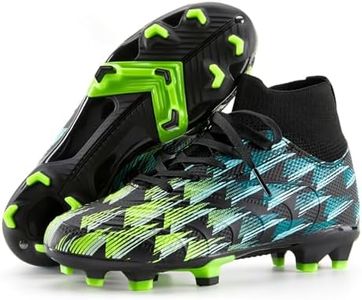PATPAT Kids Soccer Cleats–Youth High Top Outdoor Firm Ground and Turf Football Training Shoes for Little Kid,Black/Green Sizes 13