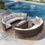PHI VILLA 7-Piece Half Moon Patio Furniture Set with 56" Fire Pit Table, Outdoor Wicker Sectional Sofa with Thick Beige Cushions, Large Curved Conversation Seating for Garden or Backyard