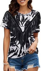 PESION Women's Fringe Trim Shirts Short Sleeve Tassel Trim Blouse T-Shirt Tops, Black+ White, XX-Large