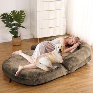 Human Dog Bed 180 x 110 x 25 cm, Foldable Large Dog Bed for People with Removable Washable Faux Fur Cover, Floor Lounge Nap Sofa for Adults and Pets, Coffee