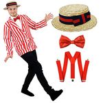 ADULTS 1920'S BARBERSHOP FANCY DRESS - RED & WHITE STRIPED BLAZER + STRAW BOATER HAT + RED BOWTIE + RED BRACES - EDWARDIAN BARBERSHOP COSTUME FOR WORLD BOOK DAY/BOOK WEEK 1920'S SHOW (MEDIUM)