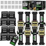 Rhino USA Wheel Chock Tie Down Kit (4,500lb Break Strength) (4) Heavy Duty Trailer Tire Ratchet Straps (8) Wheel Chocks - E Track System for ATV, UTV, Lawn Mower, Four Wheeler - Black