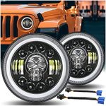 XOVY 7Inch Waterproof Round LED headlights,Wrangler headlight with DOT approved,H/L beam,DRL,Turn.For Jeep Wrangler JK TJ LJ CJ Hummber H1 H2 etc (Pair&H4-H13 Adapter) (skull)