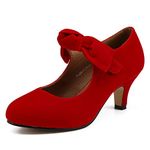 LIURUIJIA Women's Bow Heels Mary Jane Kitten Heel Pumps Round Toe Low Heels Ankle Strap Wedding Dress Evening Party Shoes, Red, 7