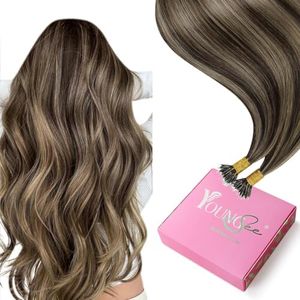 YoungSee Nano Ring Hair Extensions Dark Brown Highlights Caramel Blonde Human Hair Extensions Nano Pre Bonded Brown Add Volume for Women Lightweight Cold Fusion 22inch 50s 50g