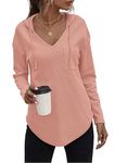 WNEEDU Women Waffle Hoodies Lightweight Ladies Tunic Top with Hood Drawstring V Neck Sweat Shirt Long Sleeve Tops 2024 Pink M