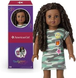 American Girl Truly Me 18-Inch Doll 123 with Brown Eyes, Long Curly Black-Brown Tendrils, Deep Skin with Neutral Undertones, Camo T-Shirt Dress