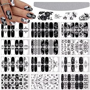 EBANKU 12 Sheets Black White Nail Polish Strips Wraps, Full Wrap Adhesive Nail Polish Stickers with 1 Nail File, Leaves Flower Vine Pattern Nail Wrap Stickers for Women Nail Art Decorations