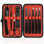 Tweezers and Nail Clippers Set 9 Pcs Precision Tweezers Kit-Stainless Steel Eyebrow Plucker with Curved Scissor and Eyebrow Razor for Daily Beauty Tools with Leather Case（Black/Red）