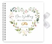 Personalised Wedding Scrapbook Guest Signature Book Couple Keepsake Photo Album Gift With Ribbon Closure - 20cm x 20cm - 50 Sheets (Heart Floral Rings)