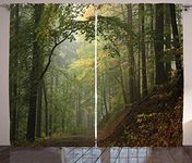 Ambesonne Forest Curtains, Misty Autumn Woodland Shaded Trees Foggy Dreamy Woodland Scene, Living Room Bedroom Window Drapes 2 Panel Set, 108" X 84", Brown Green