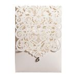 Hosmsua 50PCS Personalized Wedding Invitations Kit 5.12 x 7.3 Laser Cut Hollow Rose Rhinestone Pocket with Envelope for Wedding Quinceanera Invite (White Ivory)