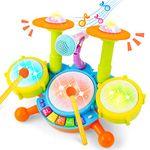 deAO Beginners Musical Table Top Drum Kit Play Set with Drum Sticks, Microphone, Light Features, Interactive Music and Sounds for Babies Kids and Toddlers