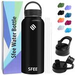 Sfee Insulated Water Bottle, 40 oz Stainless Steel Water Bottle with Straws&3 Lids, Wide Mouth Double Wall Vacuum Metal Water Bottle Leak-Proof BPA Free Sports Water Bottle+ Cleaning Brush (Black)