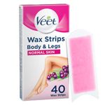 Veet EasyGrip Ready-to-Use Wax Strips for Normal Skin 40 Pack + 4 Perfect Finish Wipes