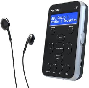 AZATOM A2 DAB/DAB+ Portable Digital Radio, Sports model, Pocket size, Rechargeable battery with 24hr playtime, Earphone, 40 Station Presets, Clock (Black/Silver)