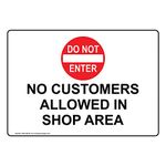 ComplianceSigns Plastic No Customers Allowed In Shop Area Sign, 10 X 7 in. with English Text and Symbol, White