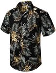 HISDERN Men Funky Hawaiian Floral Leaf Shirts Short Sleeve Front Pocket Holiday Summer Aloha Printed Beach Casual Black Brown Hawaii Flower Shirt XL