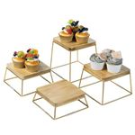 MyGift 6 x 6 inch Burnt Wood & Gold Metal Wire Square Retail Cupcake Display Risers/Dessert Stands, Set of 4