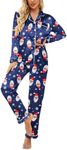 Ekouaer Women's Classic Button Down Long Satin Silk Pajama Set，XX-Large，Navy Blue Christmas 1