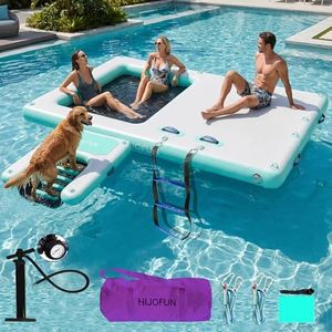 HIJOFUN Inflatable Dog Ramp and Large Dock Mat Set, 6 inches Thick Inflatable Stable Platform Raft with Storage Bag None-Slip Surface Island Raft for Lake Beach Pool