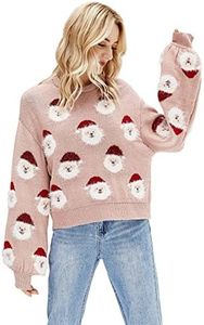 Women's Christmas Sweater Santa Print Ugly Pullover Knitted Jumper Long Sleeve Crew Neck Sweater Shirt, Pink, Medium