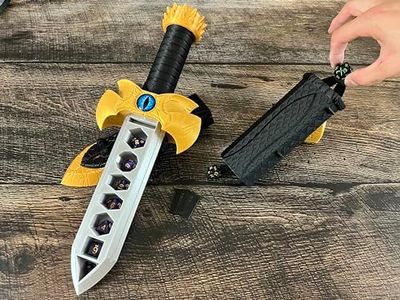MunnyGrubbers - Talking Dragon Sword Dagger Dice Holder, Dice Tower - (Random 7pc D20 Dice Included) - Ask it a YES or NO question, Decision Making, DND, Dungeons and Dragons Gift - (Gold)