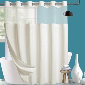 Extra Wide No Hook Waffle Weave Shower Curtain with Snap in Liner Set, 108" x 74" Hotel Luxury Beige Shower Curtains for Bathroom with See Through Top Window, Waterproof, Washable 108W x 74H