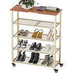 Simple Trending 5 Tier Shoe Rack, Rolling Shoe Storage Organizer and Heavy Duty Casters with Brake for Closet Entryway, Steel Frame, Industrial, Rustic Wood and Gold…