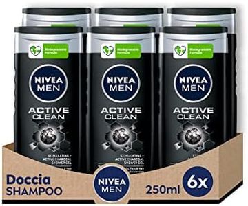 NIVEA MEN Active Clean - Champú de ducha para hombre, 6 unidades de 250 ml, refrescante para cuerpo, cara y cabello, champú purificante con carbón activo natural