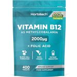 Vitamin B12 Tablets High Strength | 2000mcg | 400 Count | Complex Formula with Folic Acid | No Artificial Preservatives | by Horbaach