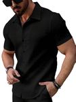 SMOWKLY Men's Cotton Blend Waffle Knit Stylish Textured Lapel Collared Short Sleeve Plain Casual Slim Regular Rib-Shirt (1534_BK_M) Black