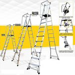 EuroLadderSystems Euro Ladder Systems Gorilla Cage 7-11Ft (Reach 18 Ft) Aluminium Platform Step Telescopic Ladder-Height Adjustable-Safety Cage-Quick Lockable Castor Wheels-Stairs&Slope Adjustable