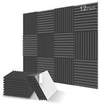 JBER 12 Pack - Charcoal Acoustic Panels Studio Foam Wedges 2.5 X 30 X 30cm/1" X 12" X 12" (12-Pack-Black, Self-Adhesive)