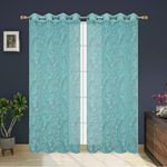 Yb Homes Floral Pattern Polyester Tissue Net Eyelet Door Curtains 7Ft Set of 2, Semi Sheer Panels for Living Room Bedroom Kitchen Balcony, Curtain Drapes for Home Office Decor (4x7 Feet, Aqua)